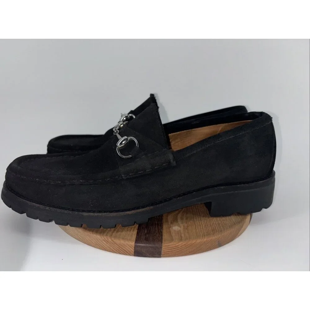 Gucci Men horsebit Loafers slipon US8 1/2D Black suede lug sole solid Gorgeous - Picture 4 of 16